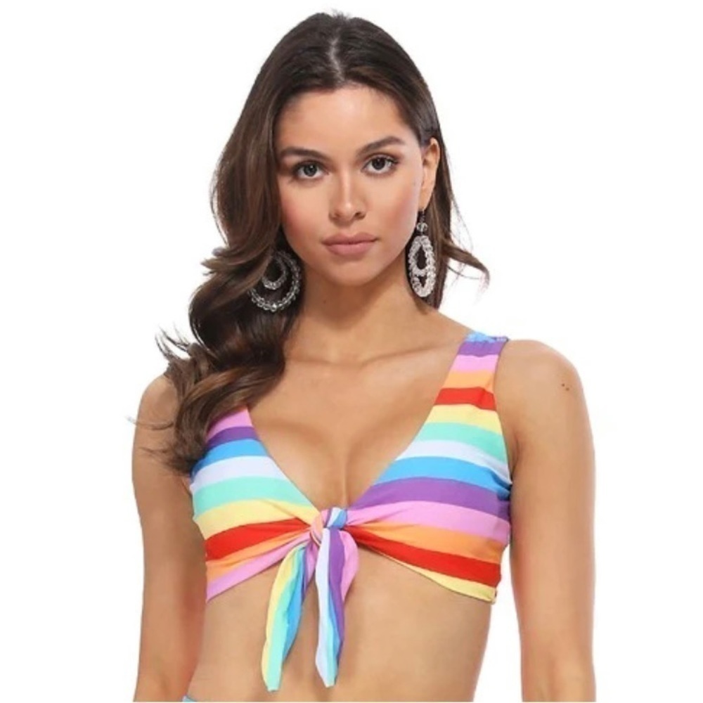 Beach Joy Rainbow Front Knot Bikini Top